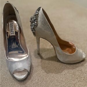 Badgley Mischka Silver Embellished Kiara Peep-Toe Heels